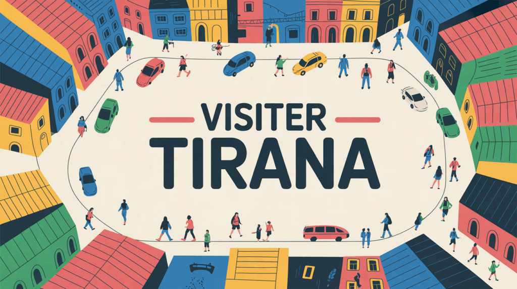 Illustration animee de Tirana, silhouettes batiments et ambiance urbaine