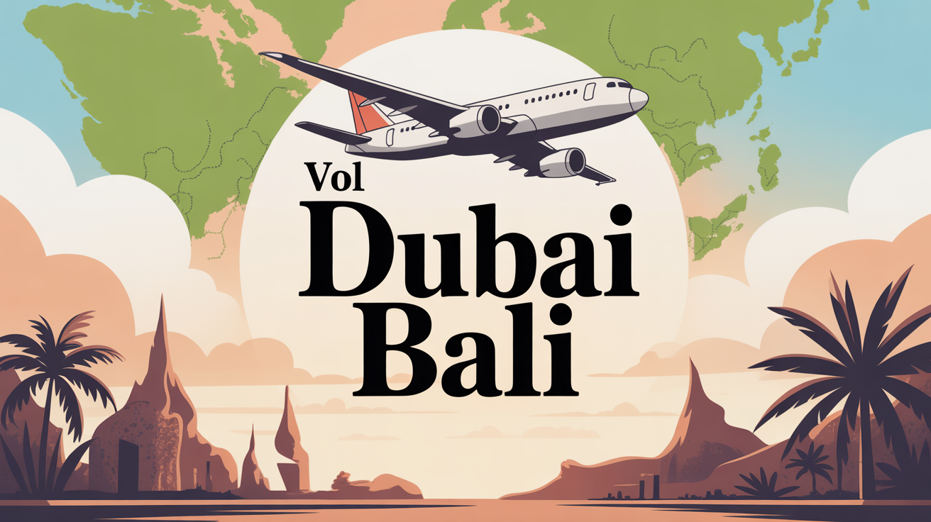 Illustration stylisée d'un avion entre Dubaï et Bali carte vol direct