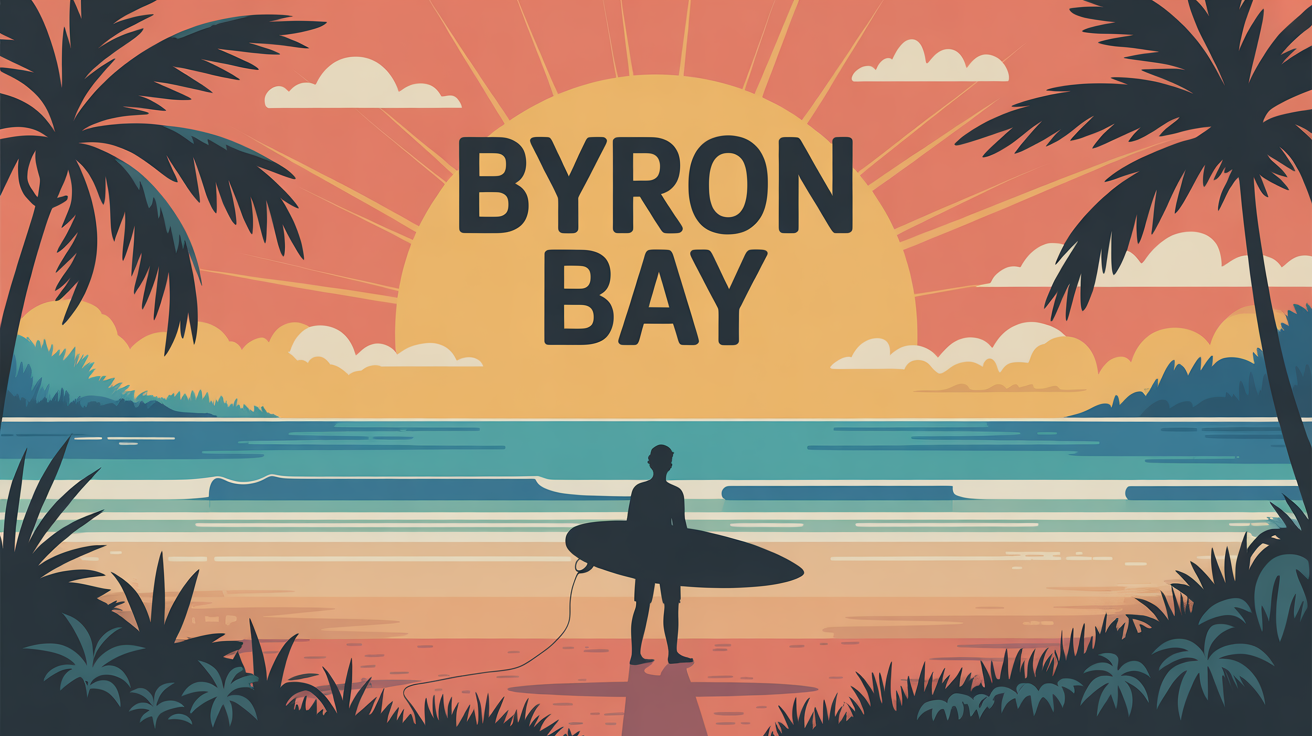 Vue stylisée plage surfeur marché Byron Bay