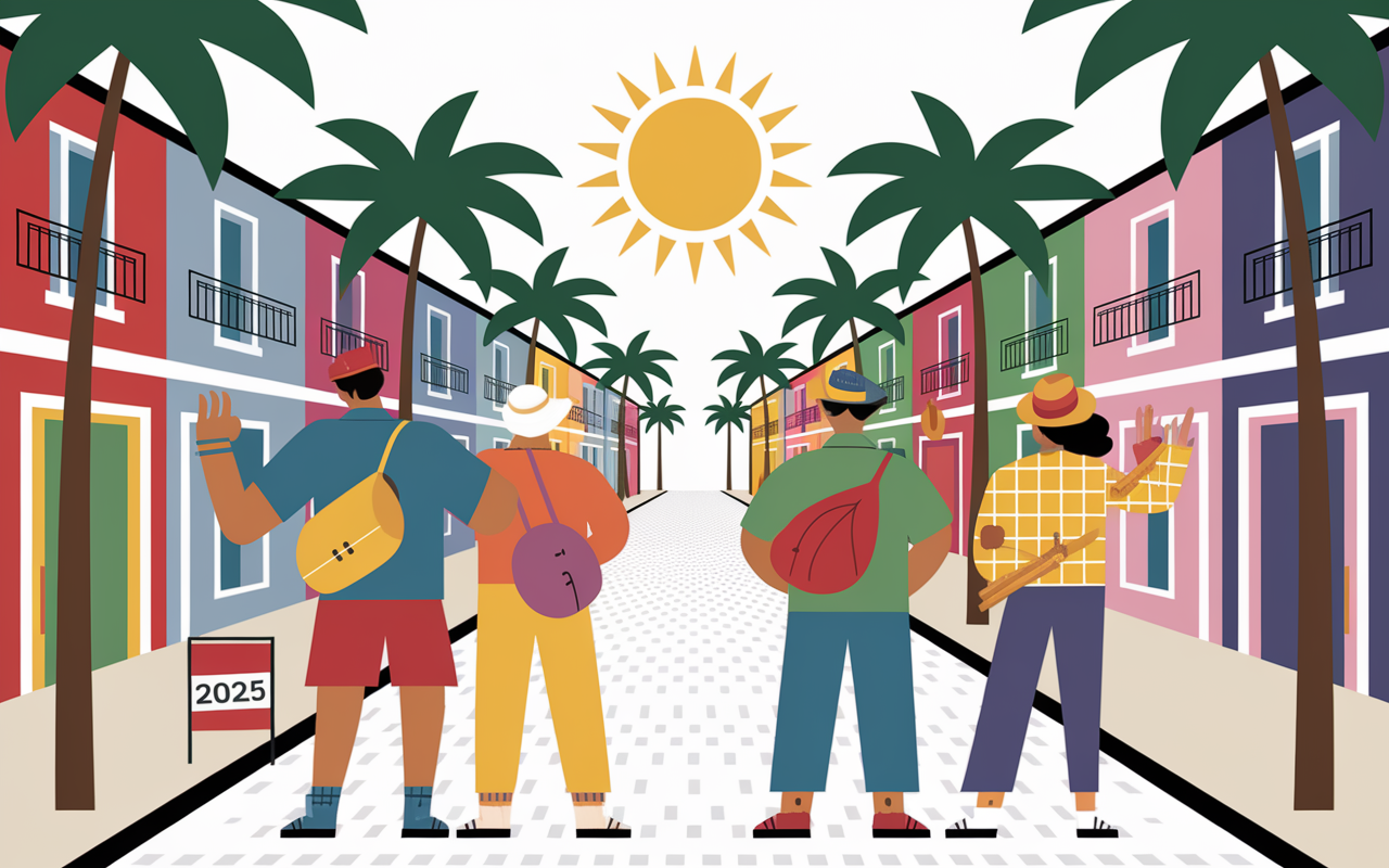 Scene festive Cartagena ruelle pavee palmiers 2025