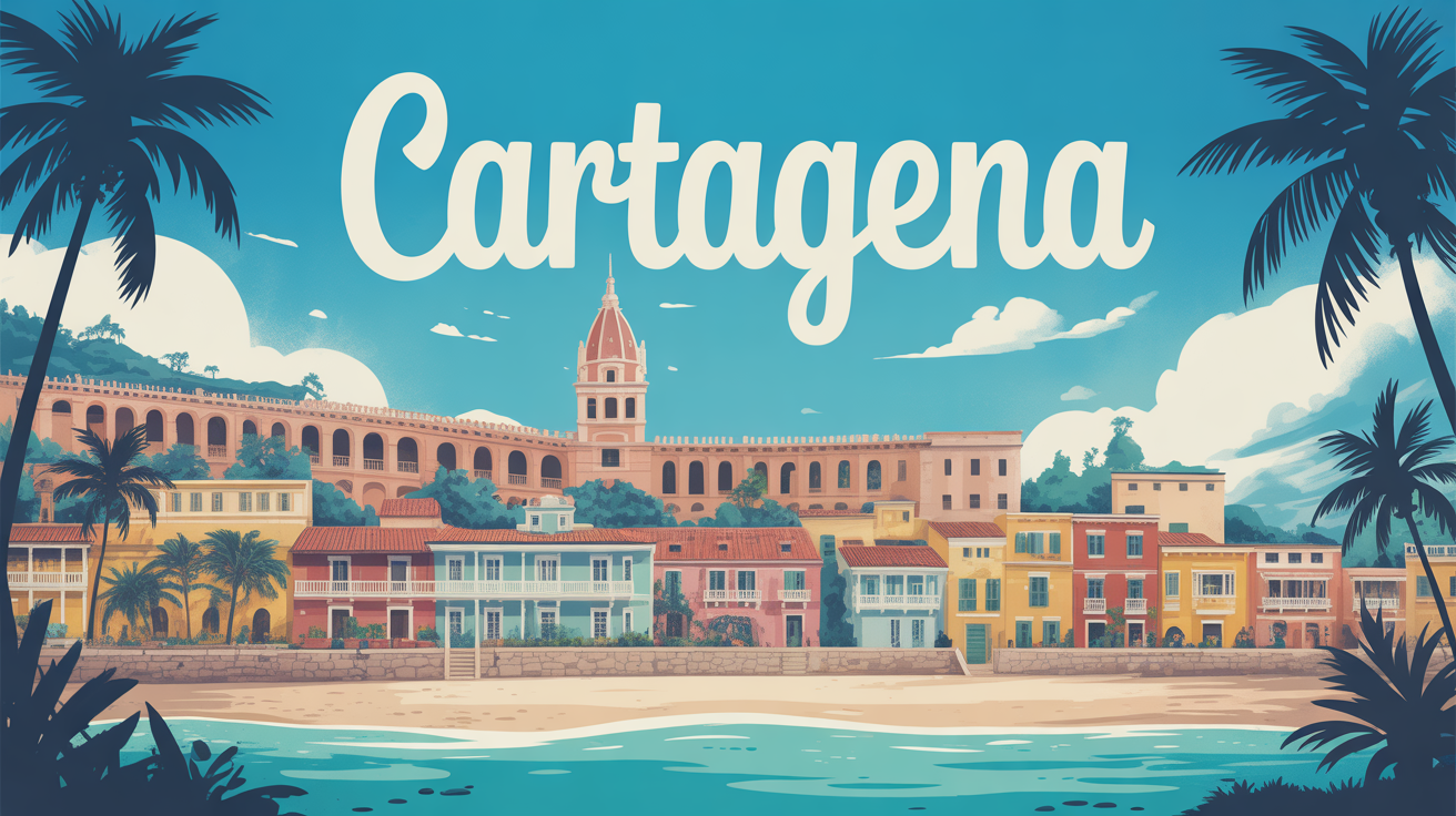 Illustration touristique Cartagena remparts plage maisons colorees