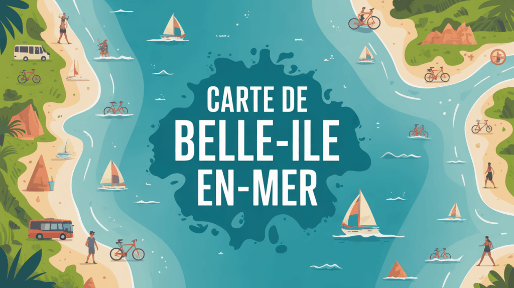 Carte stylisee Belle Ile en Mer avec plages, sentiers, falaises