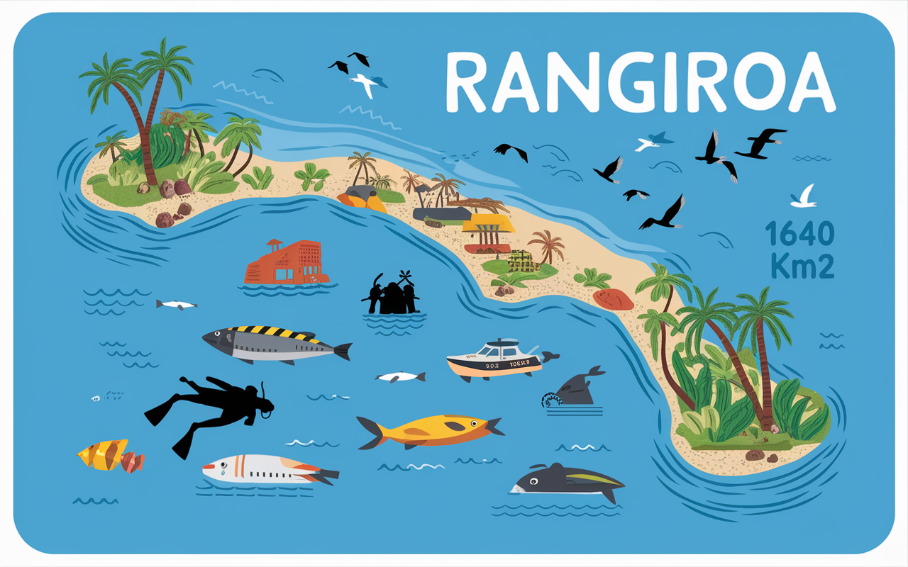 Carte illustree Rangiroa lagon motus palmiers