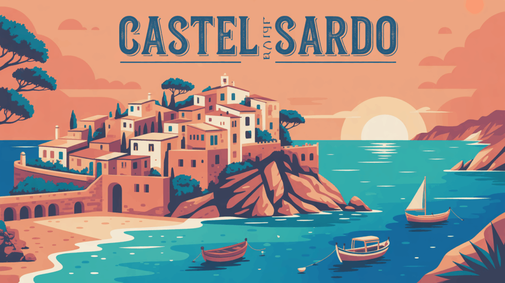 Vue stylisée Castelsardo village sur rocher au coucher de soleil