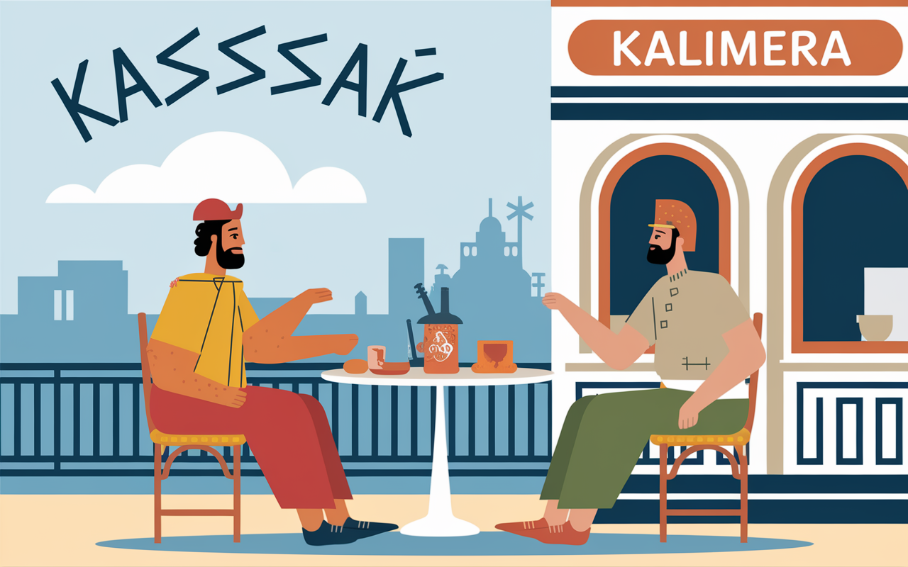 image yassas kalimera devant cafe grec