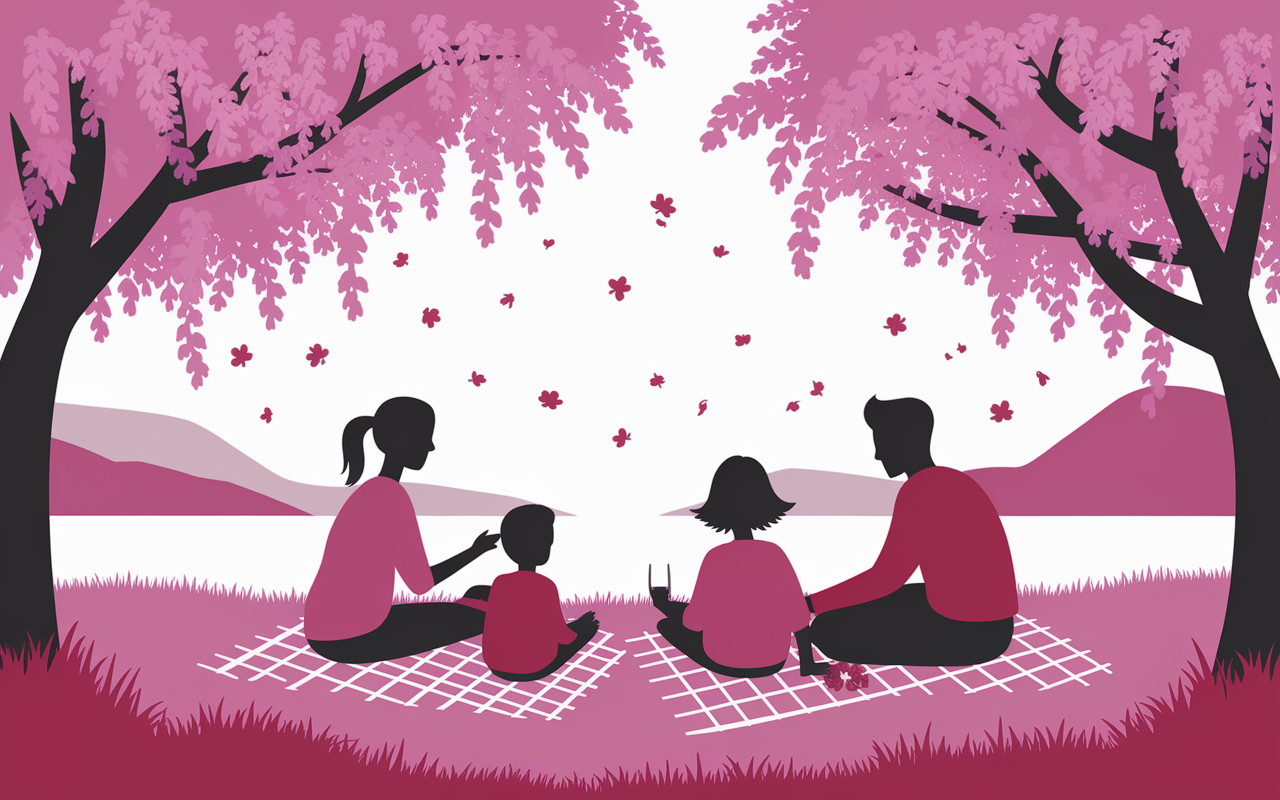 Scène de hanami sous cerisiers japonais, pique-nique familles