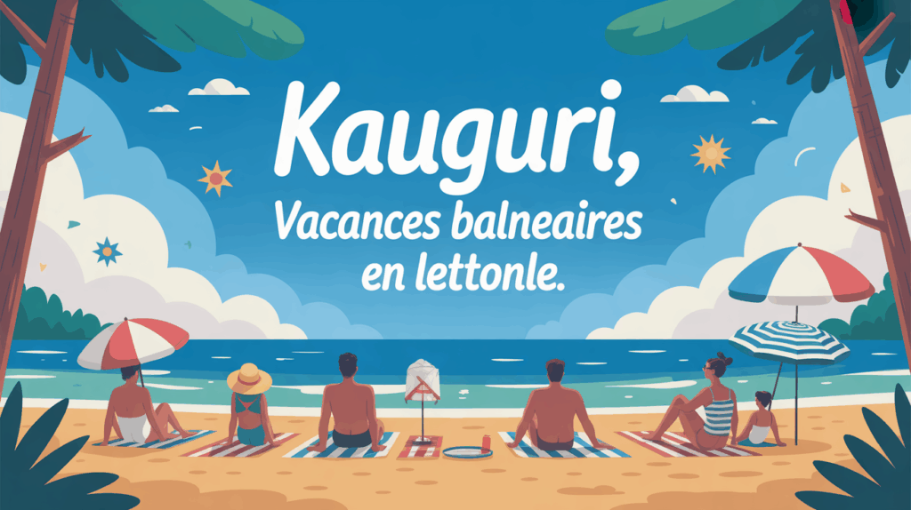 Plage familiale de Kauguri Lettonie sous pins ciel bleu
