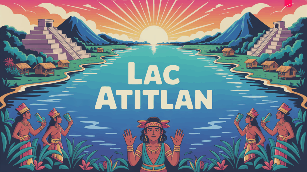 Illustration du Lac Atitlan avec villages mayas et volcans