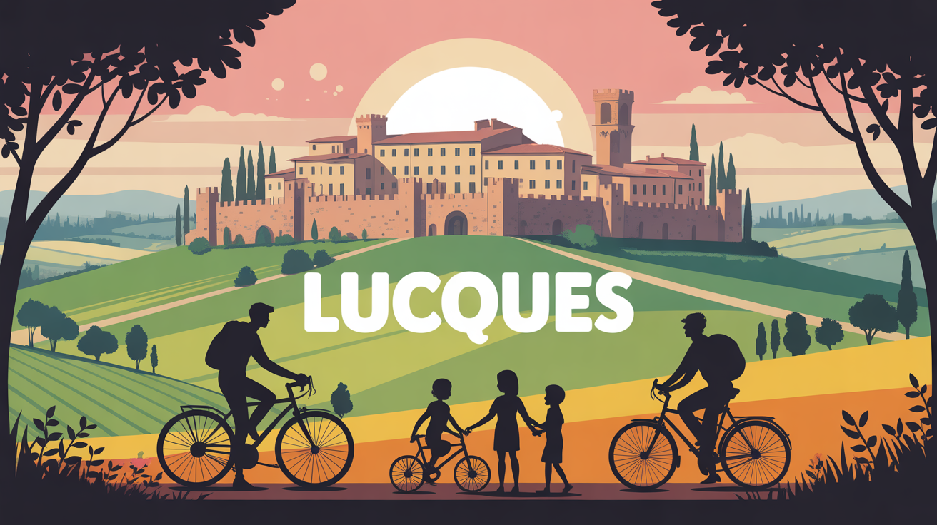 Vue stylisée remparts Lucques Toscane ambiance paisible vélo familles matin