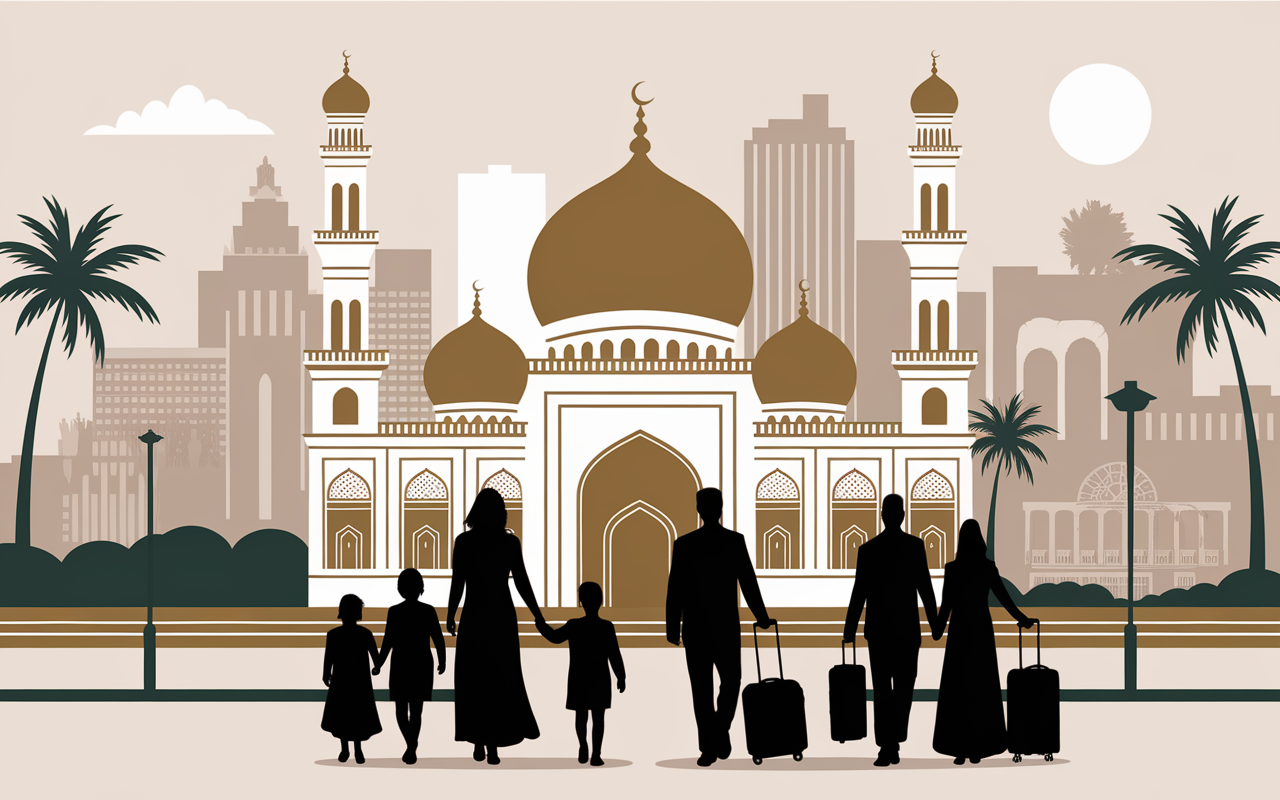 Scene urbaine Medine familles mosquee dôme doré accueil