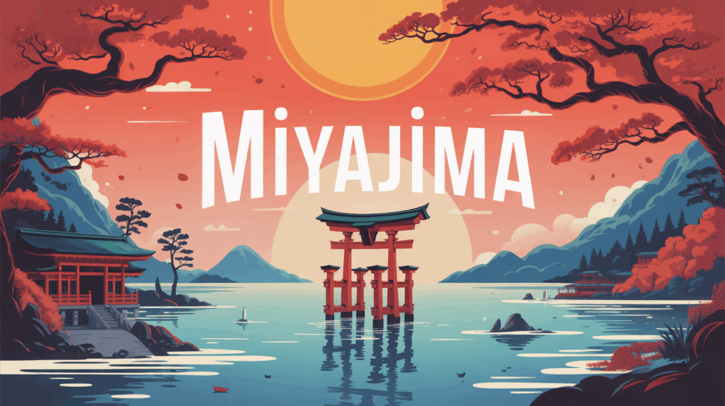 Illustration Miyajima torii flottant cerfs montagne spiritualite Japon