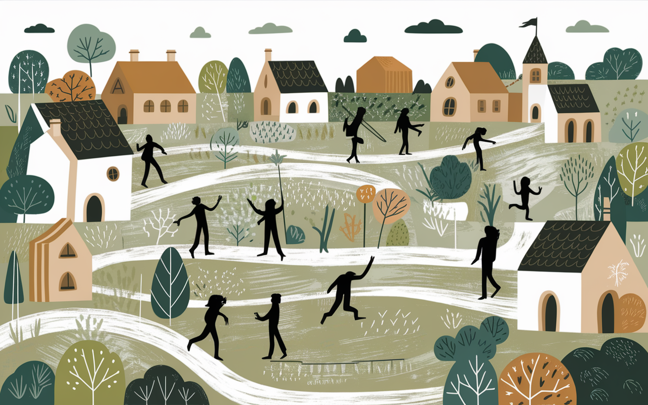 schéma village médiéval champs maisons église