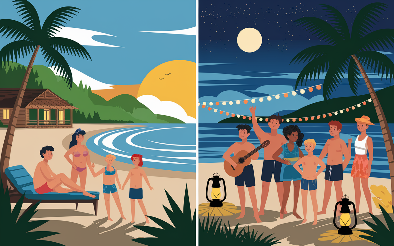 Comparatif Perhentian Besar Kecil, famille relax hamac lodge, jeunes groupe fête plage, bungalows