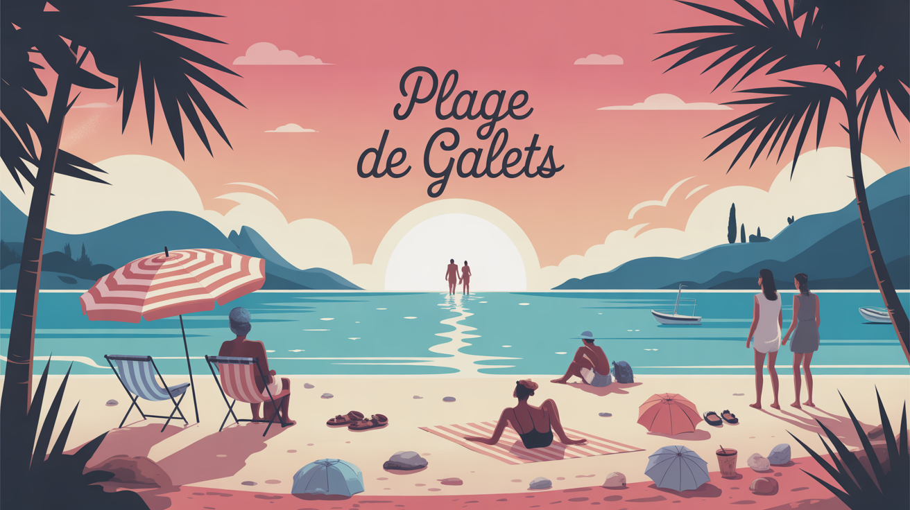 Vue stylisée plage de galets avec eau cristalline et accessoires