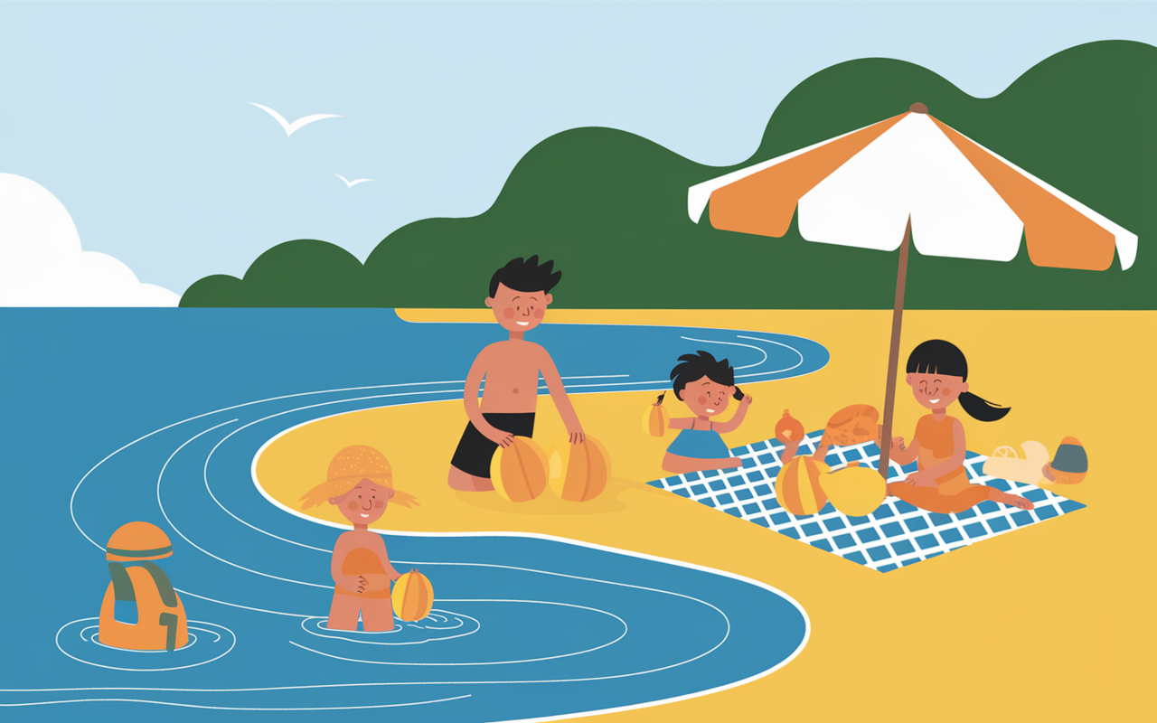 Famille sur plage de galets claire enfants pique-nique tranquille