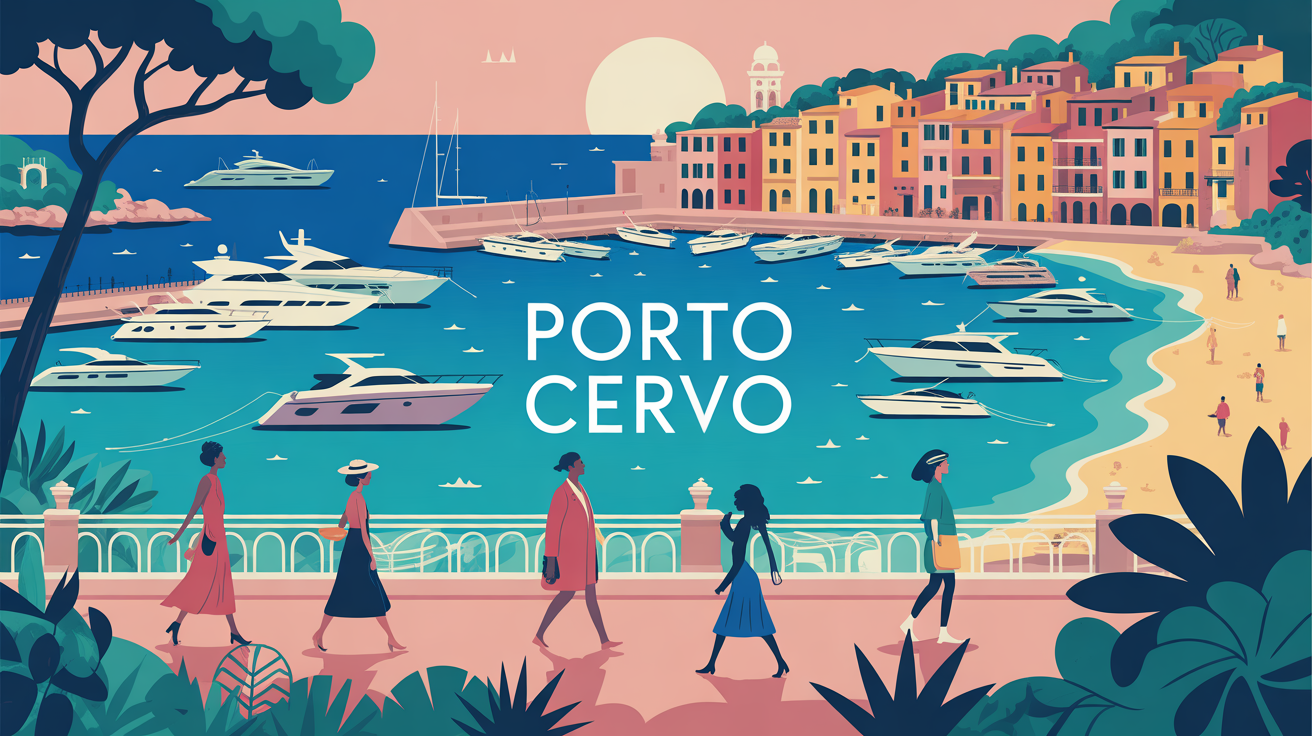 Illustration Porto Cervo village marina yachts plages Costa Smeralda