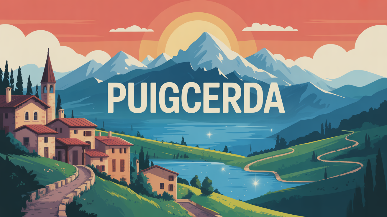 Vue stylisee Puigcerda village montagne et lac Pyrenees