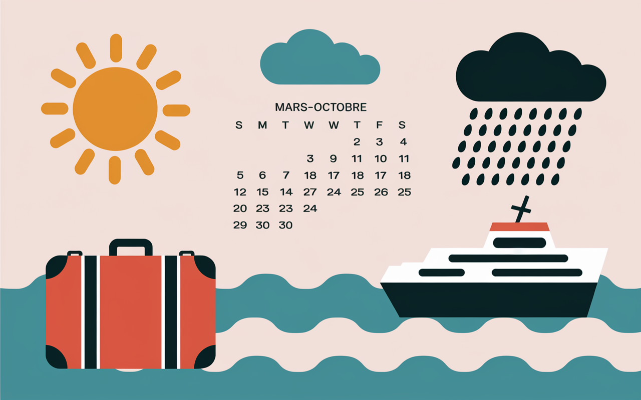 Calendrier saison sèche et mousson, soleil, pluie, plages turquoise, valise et ferry Perhentian Islands