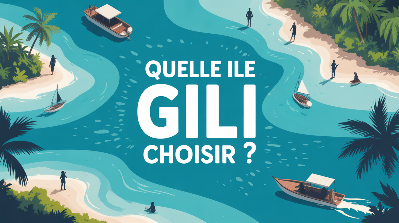 Illustration trois iles Gili voyageurs palmiers titre