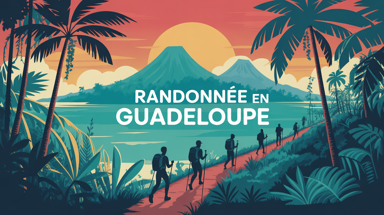 Sentier randonnee dans foret tropicale Guadeloupe avec volcans et mer