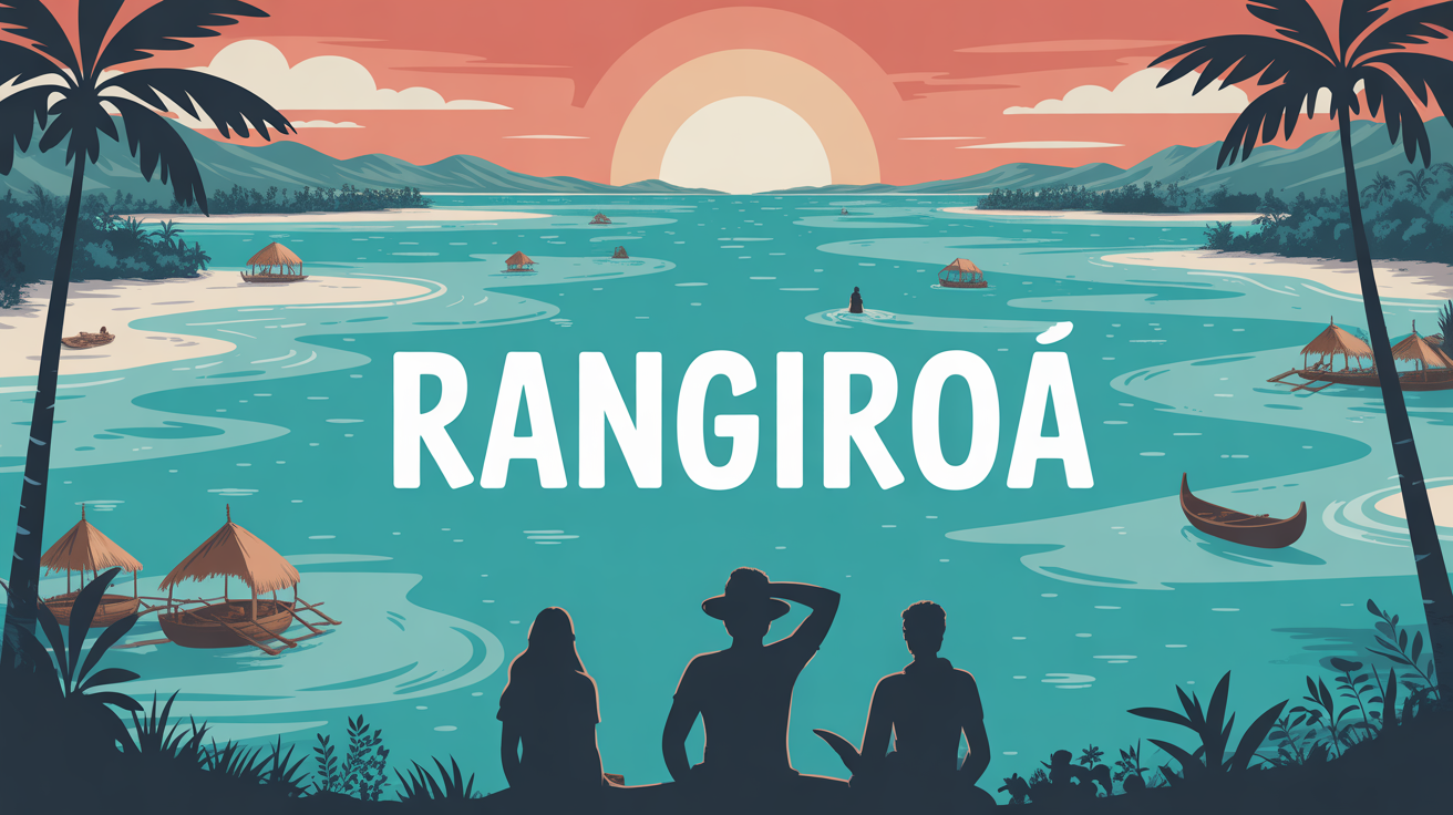 Illustration lagon Rangiroa avec motus et voyageurs