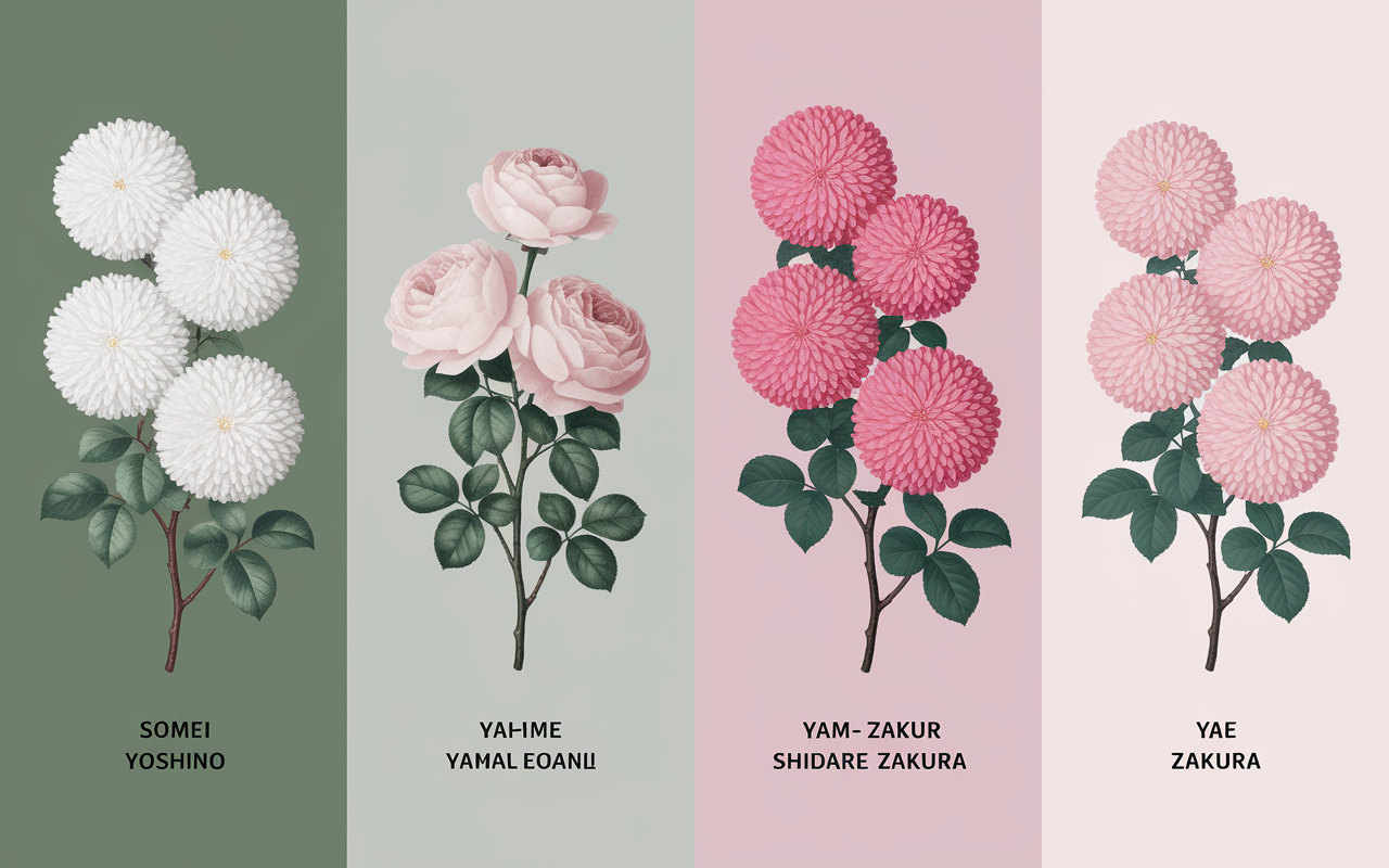 Tableau comparatif des variétés de cerisier japonais en fleurs
