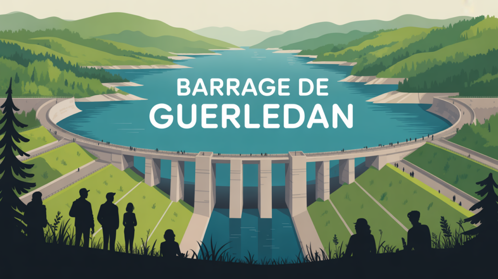 Illustration stylisée du barrage de Guerlédan avec visiteurs