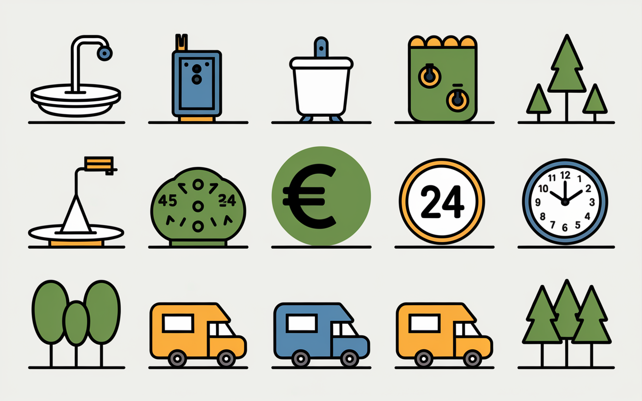 Comparatif visuel aires camping-car Annecy symboles services prix