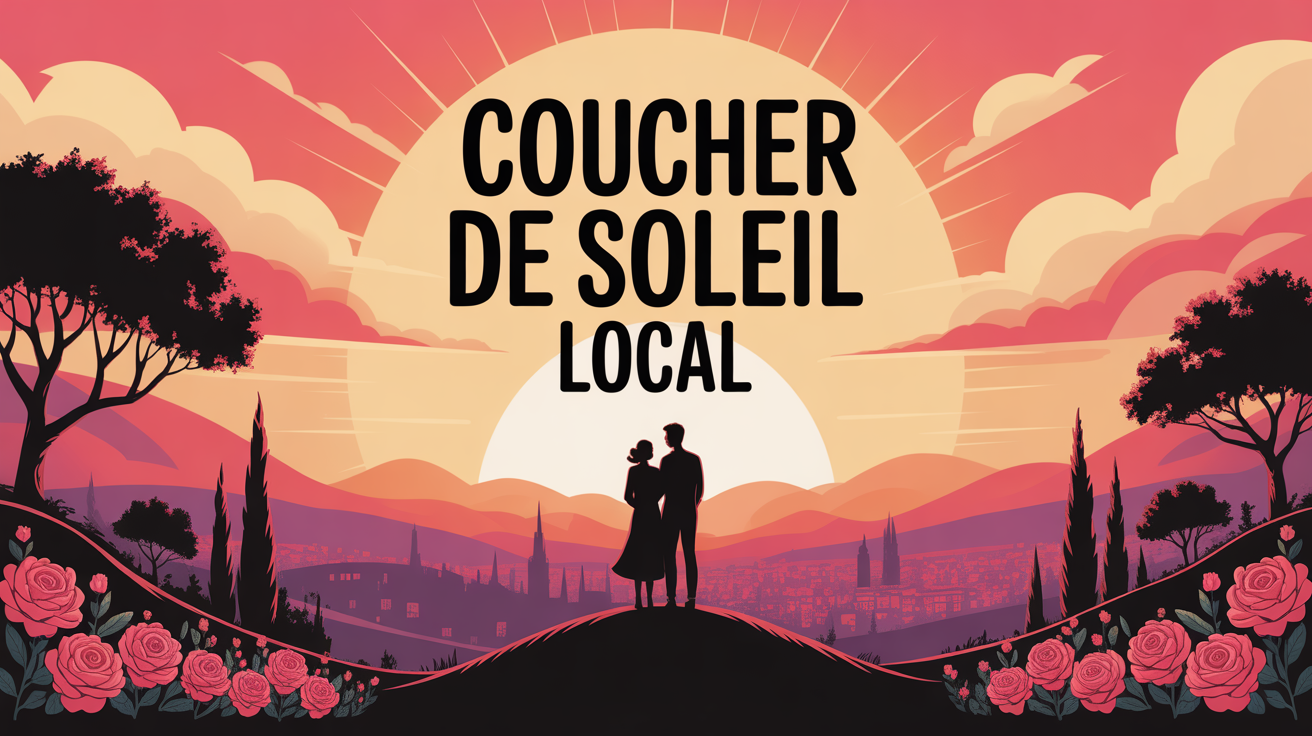 couple admire coucher de soleil local sur colline tons dores roses