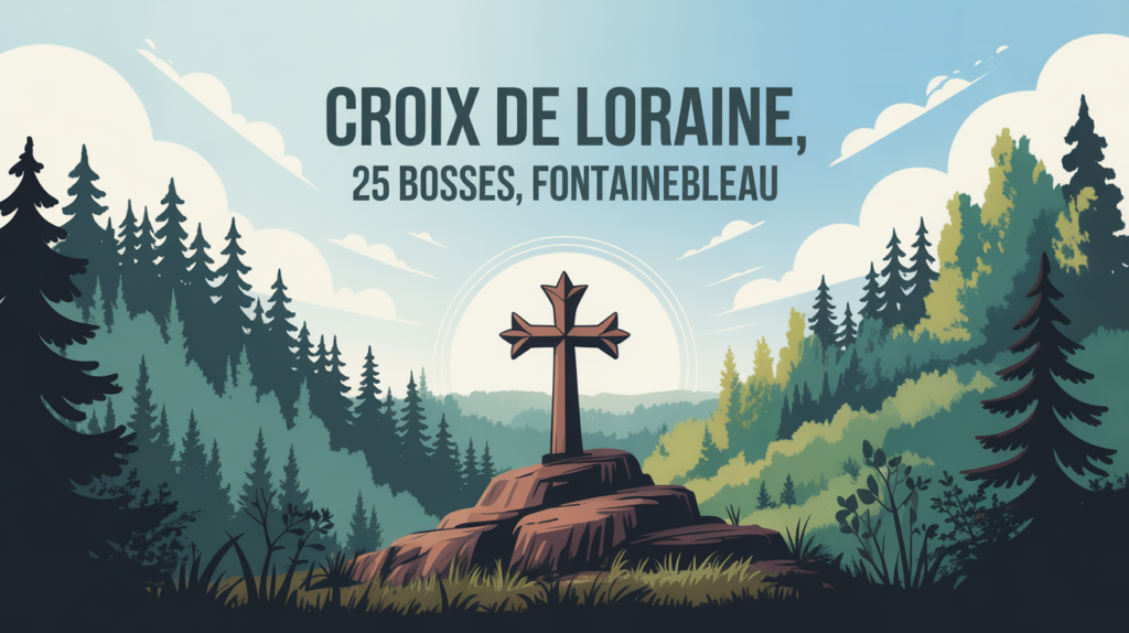 Croix de Lorraine stylisée sur pignon rocheux Fontainebleau