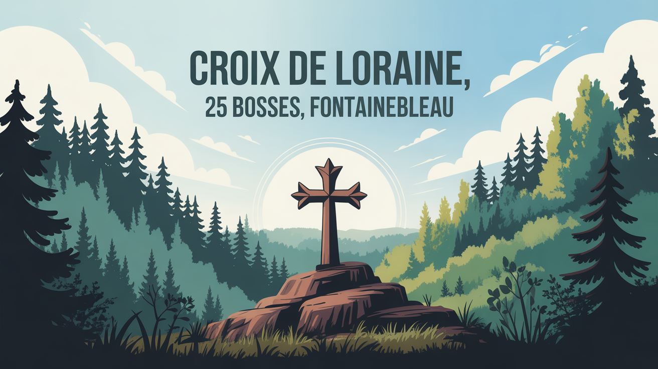 Croix de Lorraine stylisée sur pignon rocheux Fontainebleau