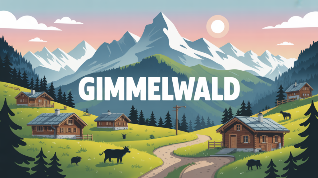 Paysage alpin de Gimmelwald avec chalets, montagnes et animaux