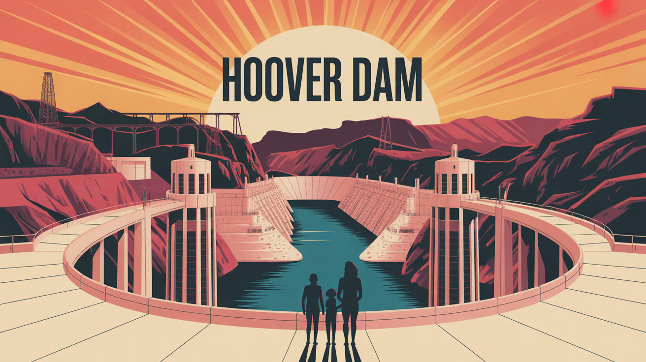 Hoover Dam vu de face, silhouettes familles, canyon et soleil