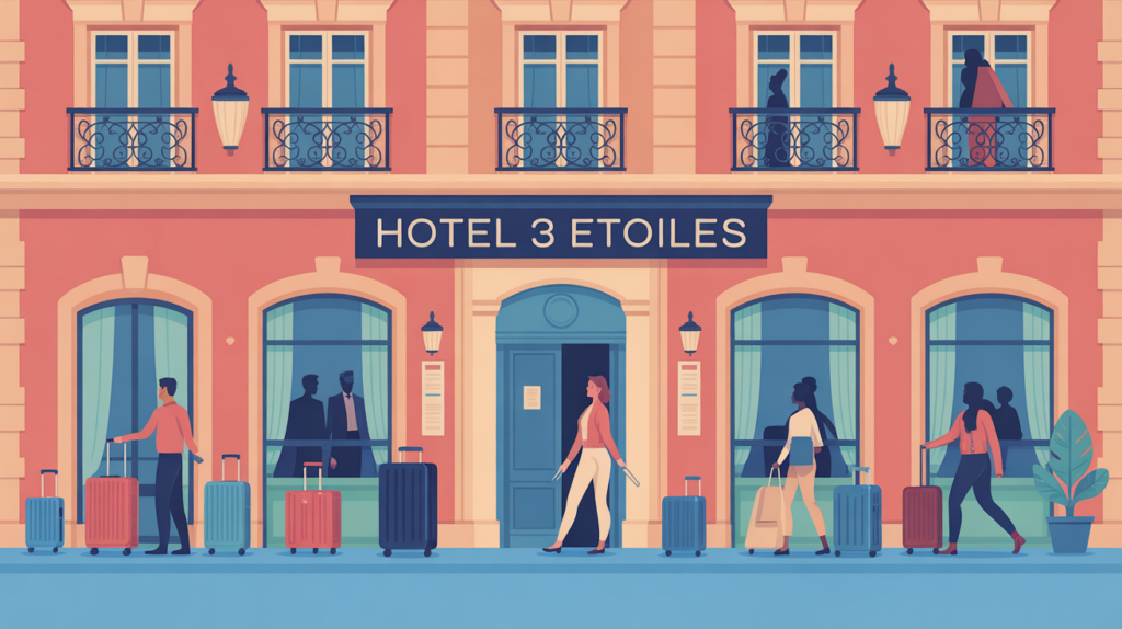 Hotel 3 etoiles France bagages voyageurs devant facade