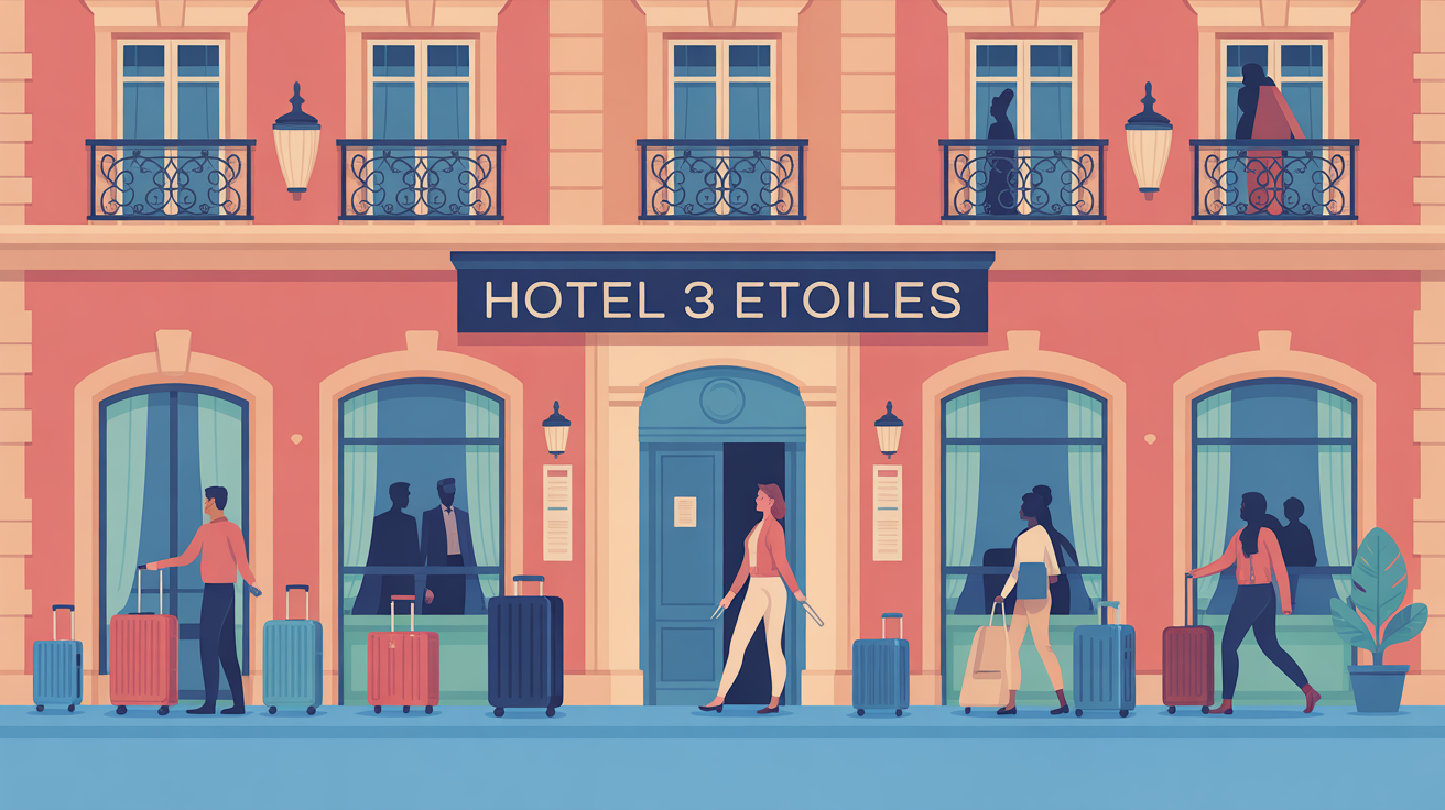 Hotel 3 etoiles France bagages voyageurs devant facade