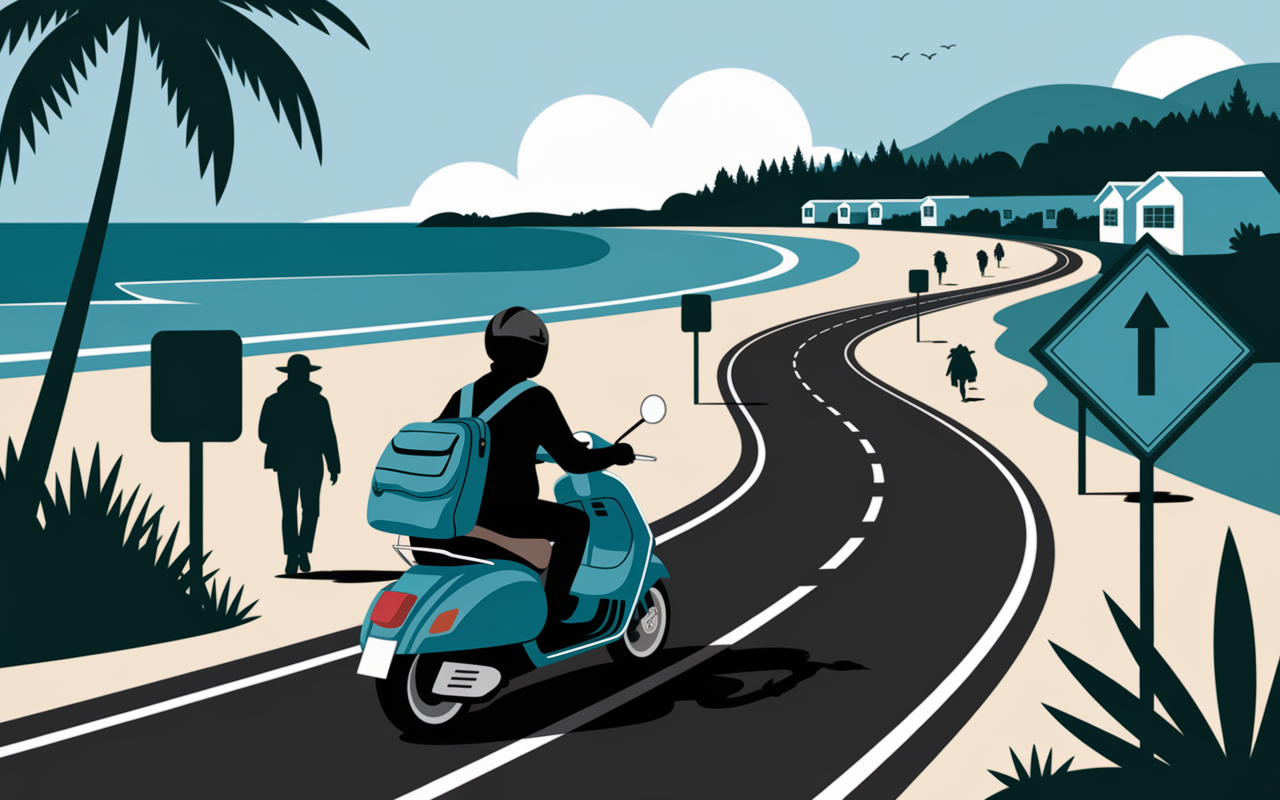 Scooter vers plage Kuta Lombok, voyageurs, hebergements et mer turquoise