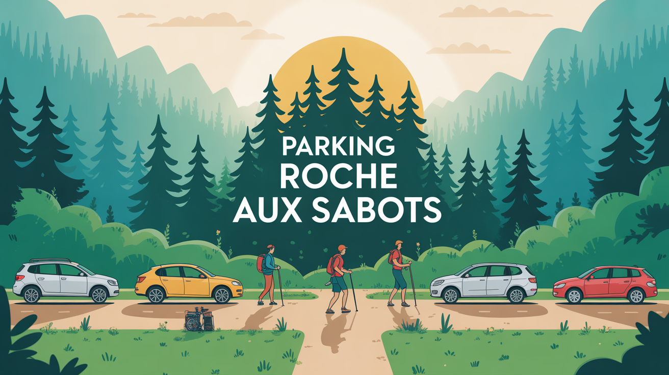 Parking Roche aux Sabots forêt, voitures, sentiers, randonneurs