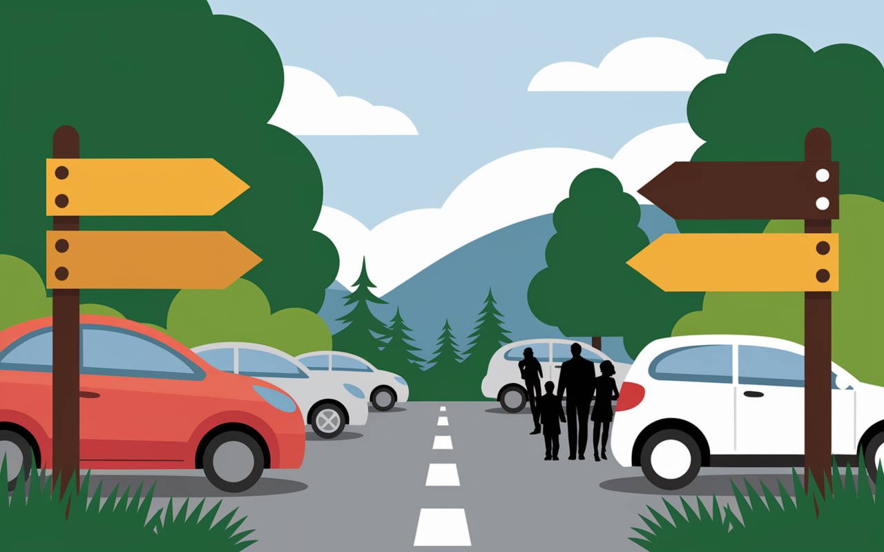 Parking Roche aux Sabots accès, panneaux, grimpeurs, sentier