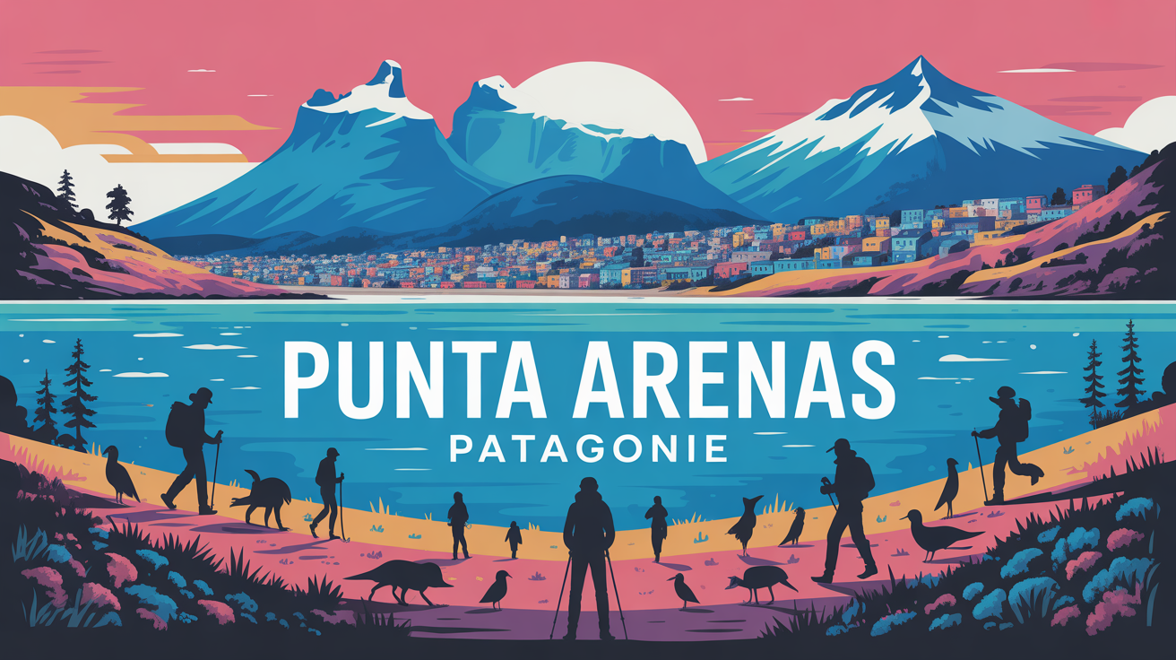 Illustration Punta Arenas Patagonie paysage, randonneurs, manchots