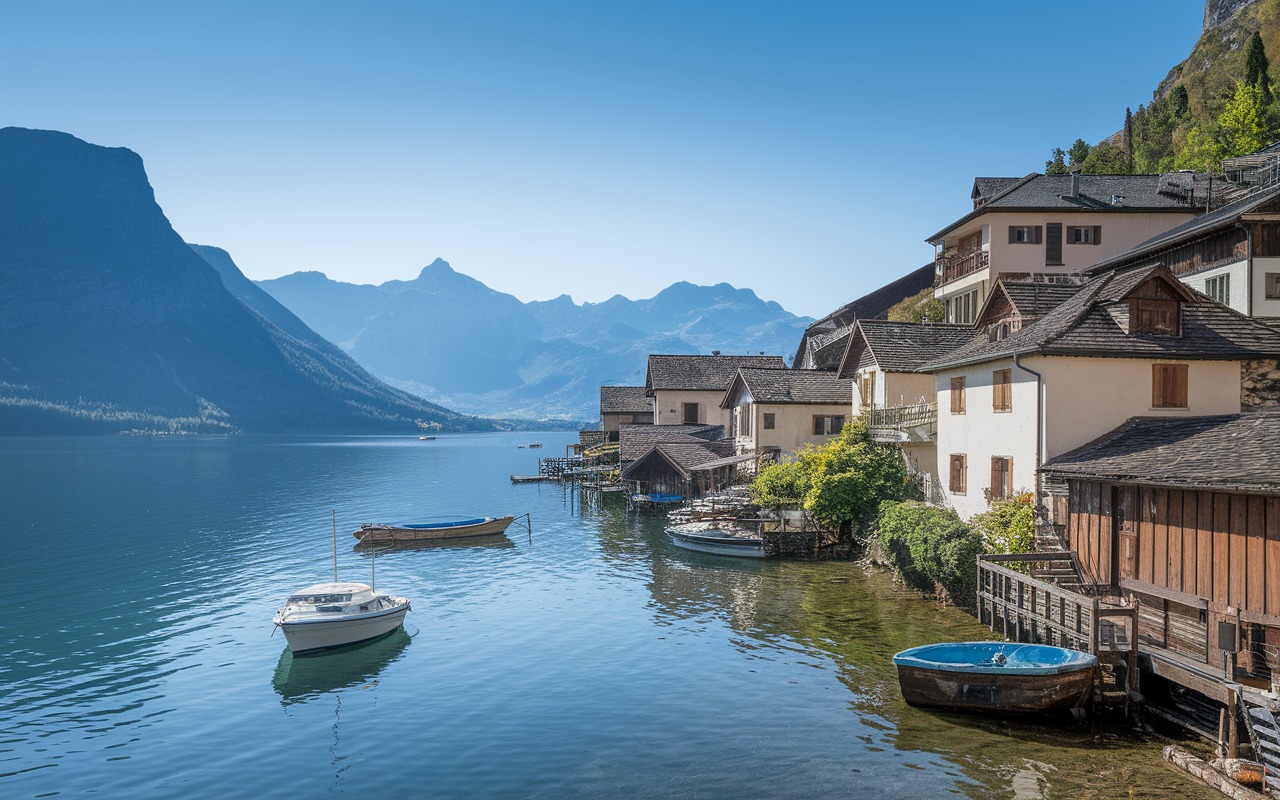 village lac d'orta terrasses barques matin