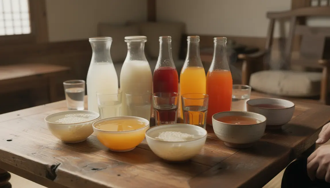Table avec boissons coréennes traditionnelles variées et ambiance partagée