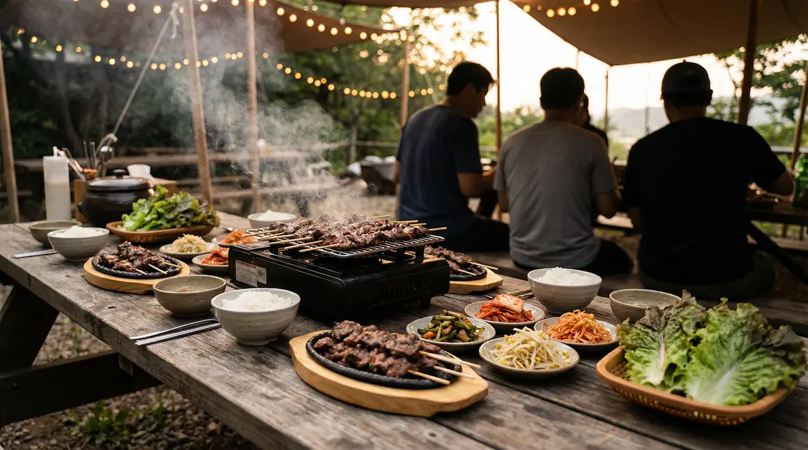 Buffet de brochettes bulgogi barbecue coréen, accompagnements, convives, ambiance chaleureuse