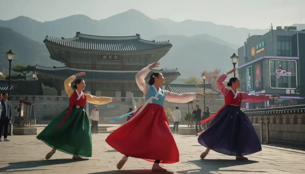 Danseurs danses coréennes costumes traditionnels et modernes paysage coréen