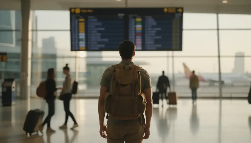 jeune adulte avec sac a dos devant panneau aeroport coree du sud