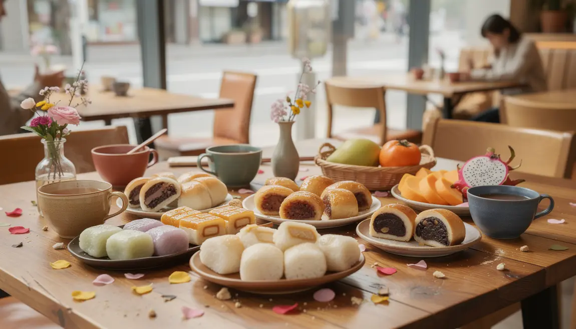 Assortiment pâtisseries coréennes traditionnelles sur table moderne