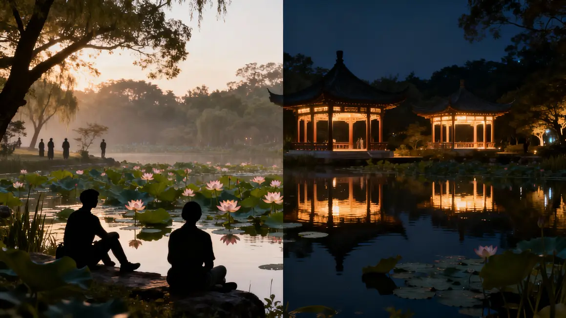 Etang Anapji ambiance jour nuit lotus illumines