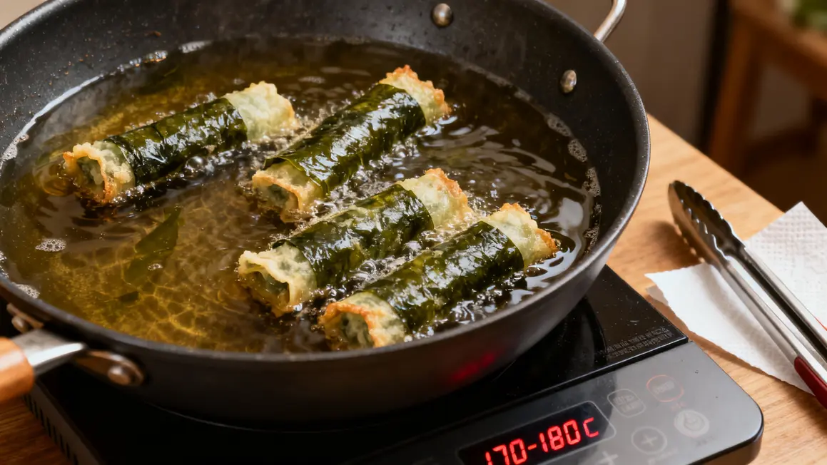 Rouleaux gimmari frire huile chaude 170-180C