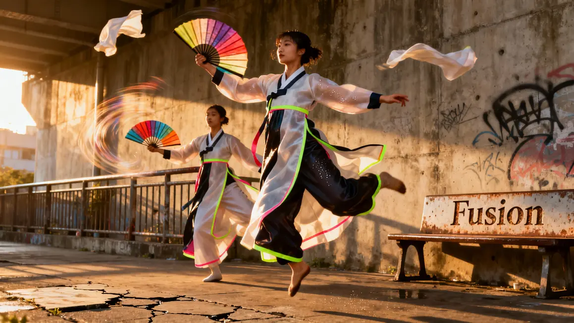 Danseurs fusion K-pop et danses coréennes avec éventail Buchaechum