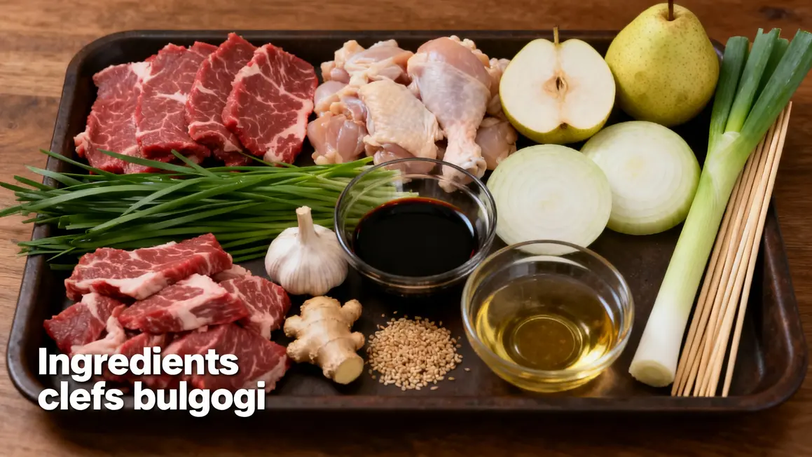 Plateau ingrédients brochettes bulgogi coréen : viande, poire nashi, sauce soja