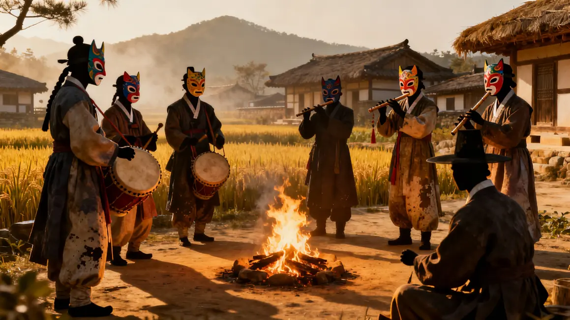 Silhouettes danses coréennes masques village ancestral